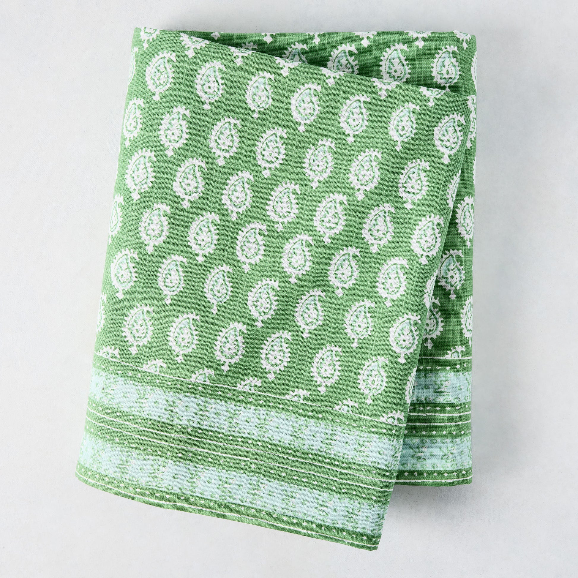 Peter Dunham + Hudson Grace Green Janpath printed cotton slub tablecloth with paisley and graphic border.