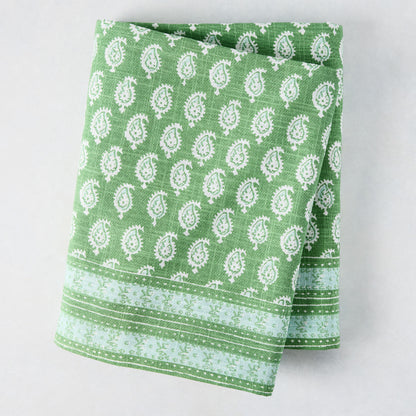 Peter Dunham + Hudson Grace Green Janpath printed cotton slub tablecloth with paisley and graphic border.