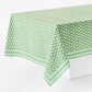 Green 100% cotton rectangular tablecloth with white paisley print and graphic border by Peter Dunham + Hudson Grace.