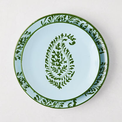 Peter Dunham + Hudson Grace Green Kashmir hand-painted paisley salad plate, light blue with dark green border.