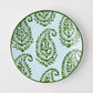 Peter Dunham + Hudson Grace Green Kashmir hand-painted paisley salad plate, light blue with green border.