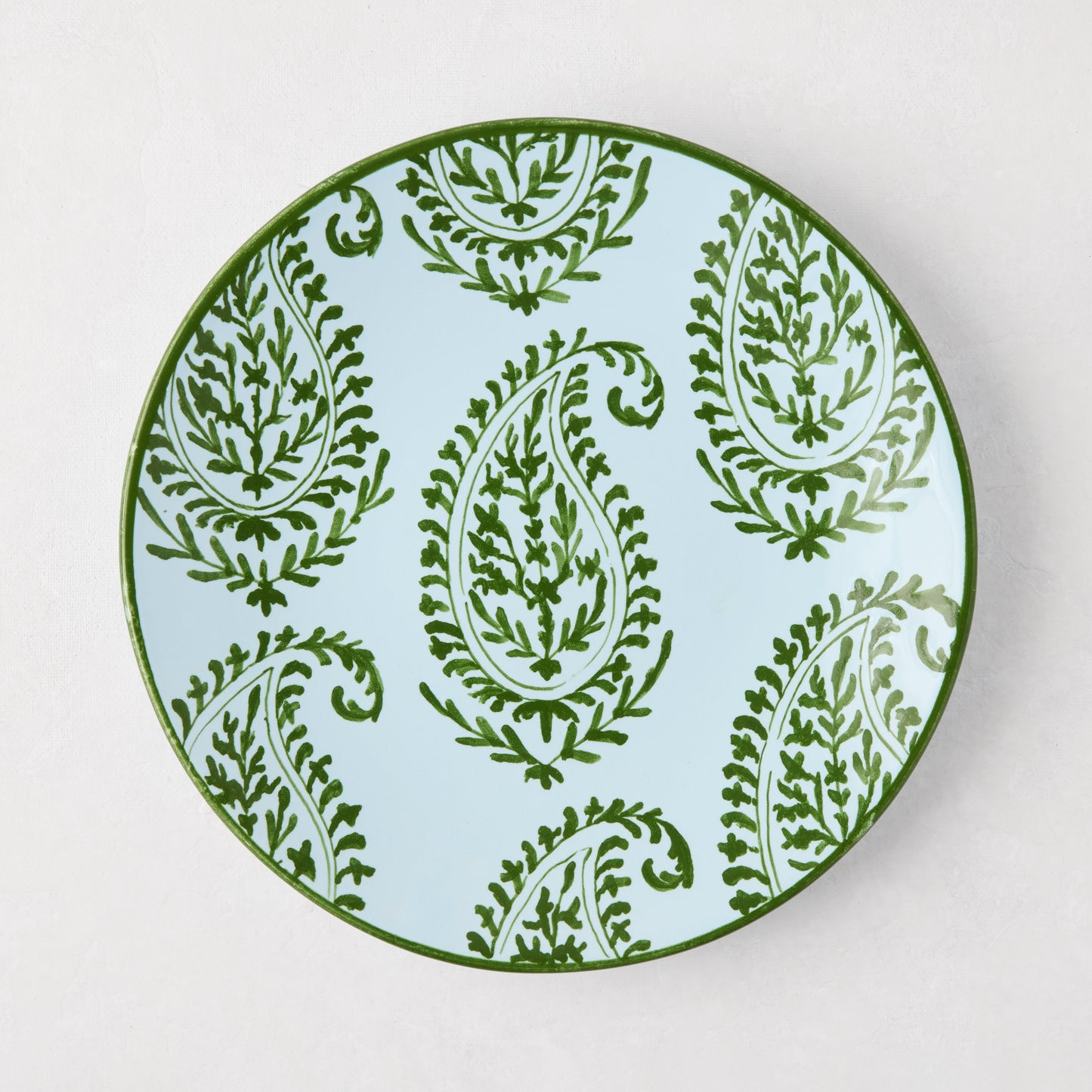 Peter Dunham + Hudson Grace Green Kashmir hand-painted paisley salad plate, light blue with green border.