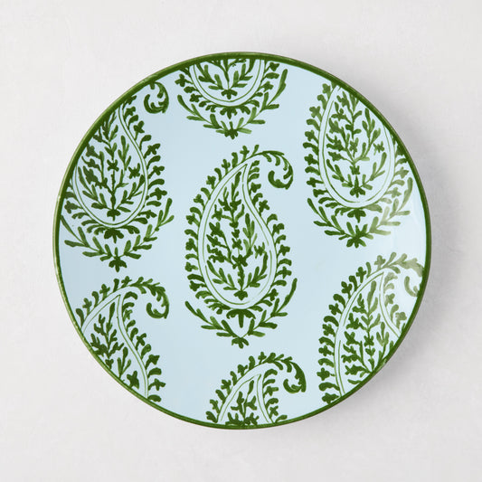 Peter Dunham + Hudson Grace Green Kashmir hand-painted paisley salad plate, light blue with green border.