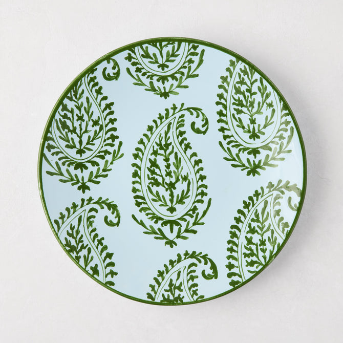 Peter Dunham + Hudson Grace Green Kashmir hand-painted paisley salad plate, light blue with green border.