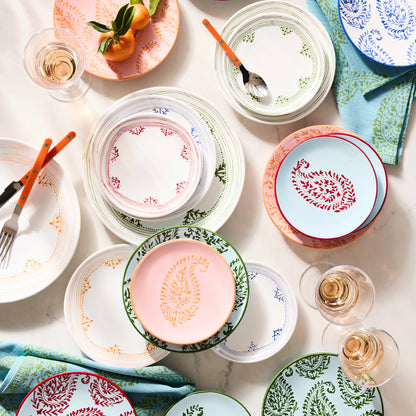 Peter Dunham + Hudson Grace Green Kashmir Paisley Printed Napkin with plates and drinks.