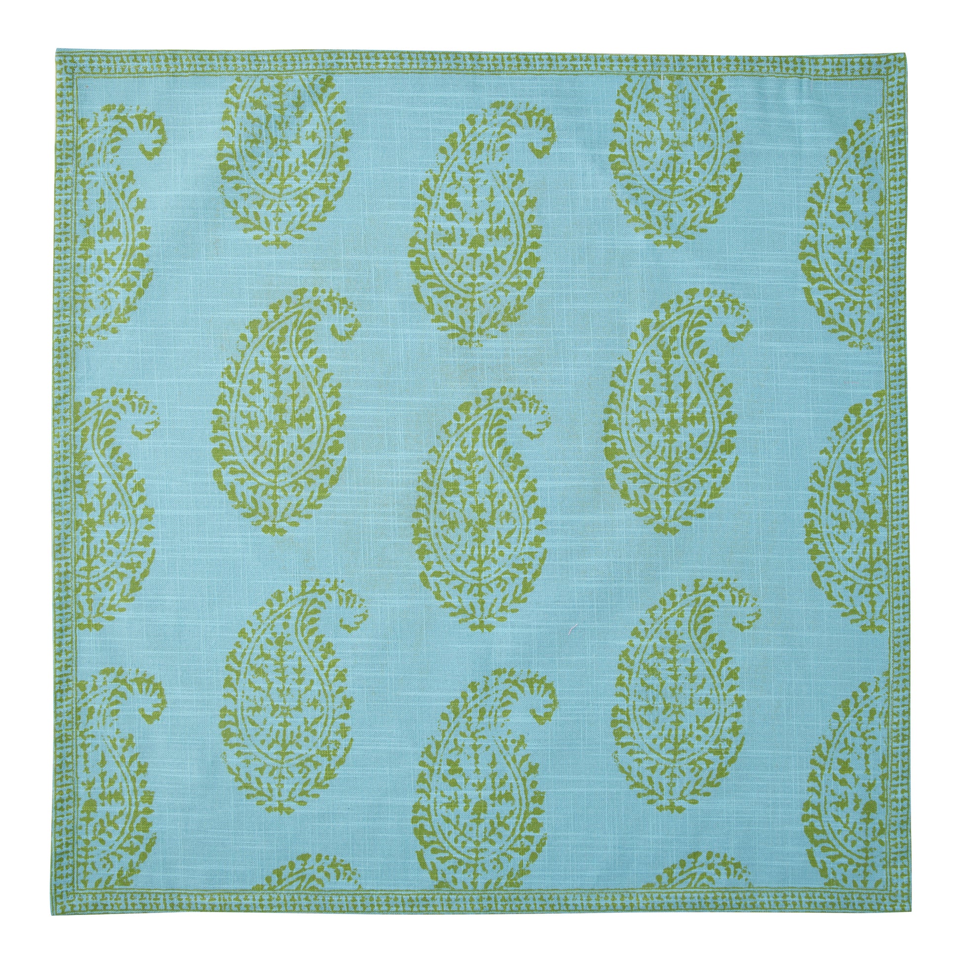 Peter Dunham + Hudson Grace Green Kashmir Paisley Printed Napkin, light blue with green paisley pattern.