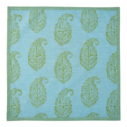 Peter Dunham + Hudson Grace Green Kashmir Paisley Printed Napkin, light blue with green paisley pattern.