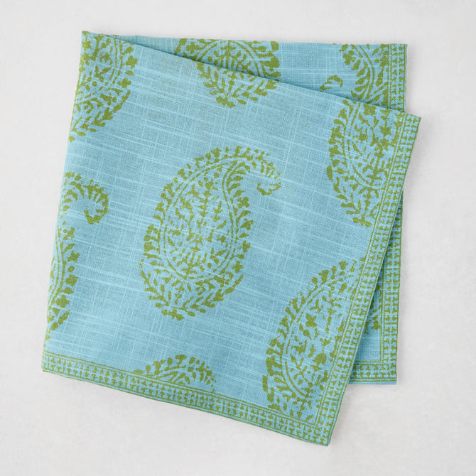 Peter Dunham + Hudson Grace Green Kashmir Paisley Printed Napkin, blue with green paisley pattern.