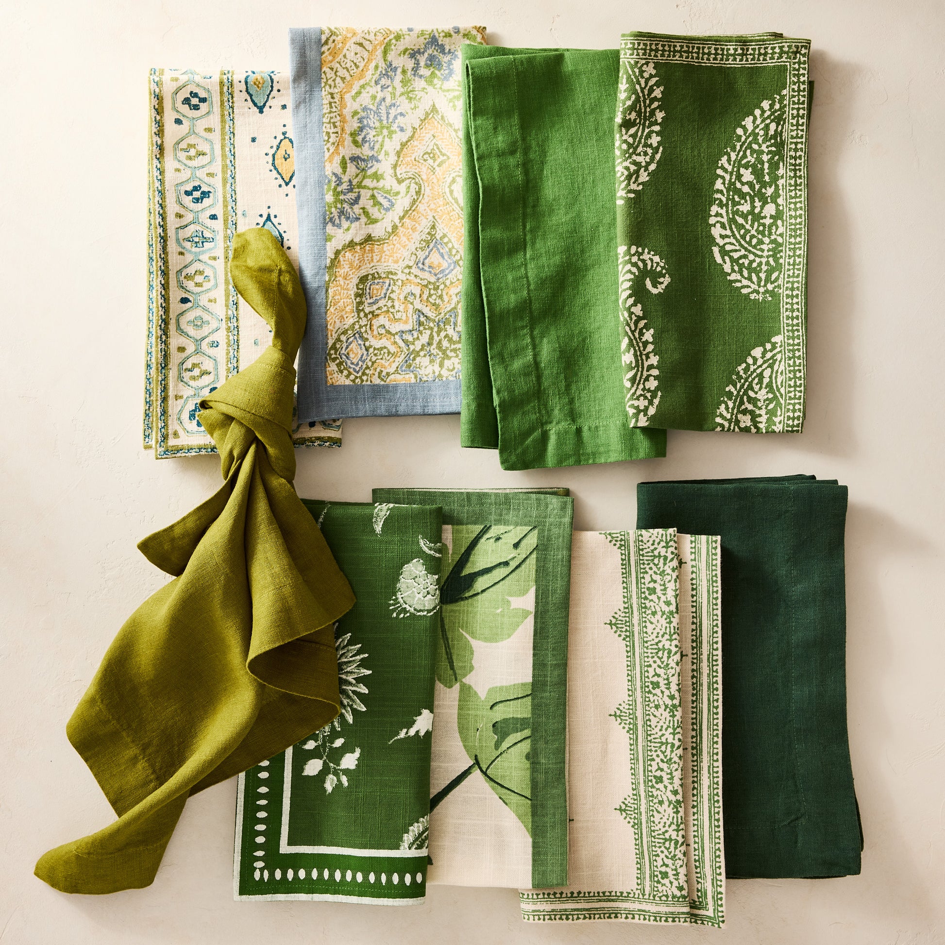 Peter Dunham + Hudson Grace Green Oona Printed Napkin with tribal motif, cotton slub, and bold border.