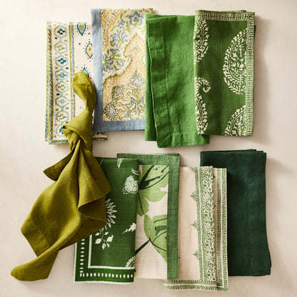 Peter Dunham + Hudson Grace Green Oona Printed Napkin with tribal motif, cotton slub, and bold border.