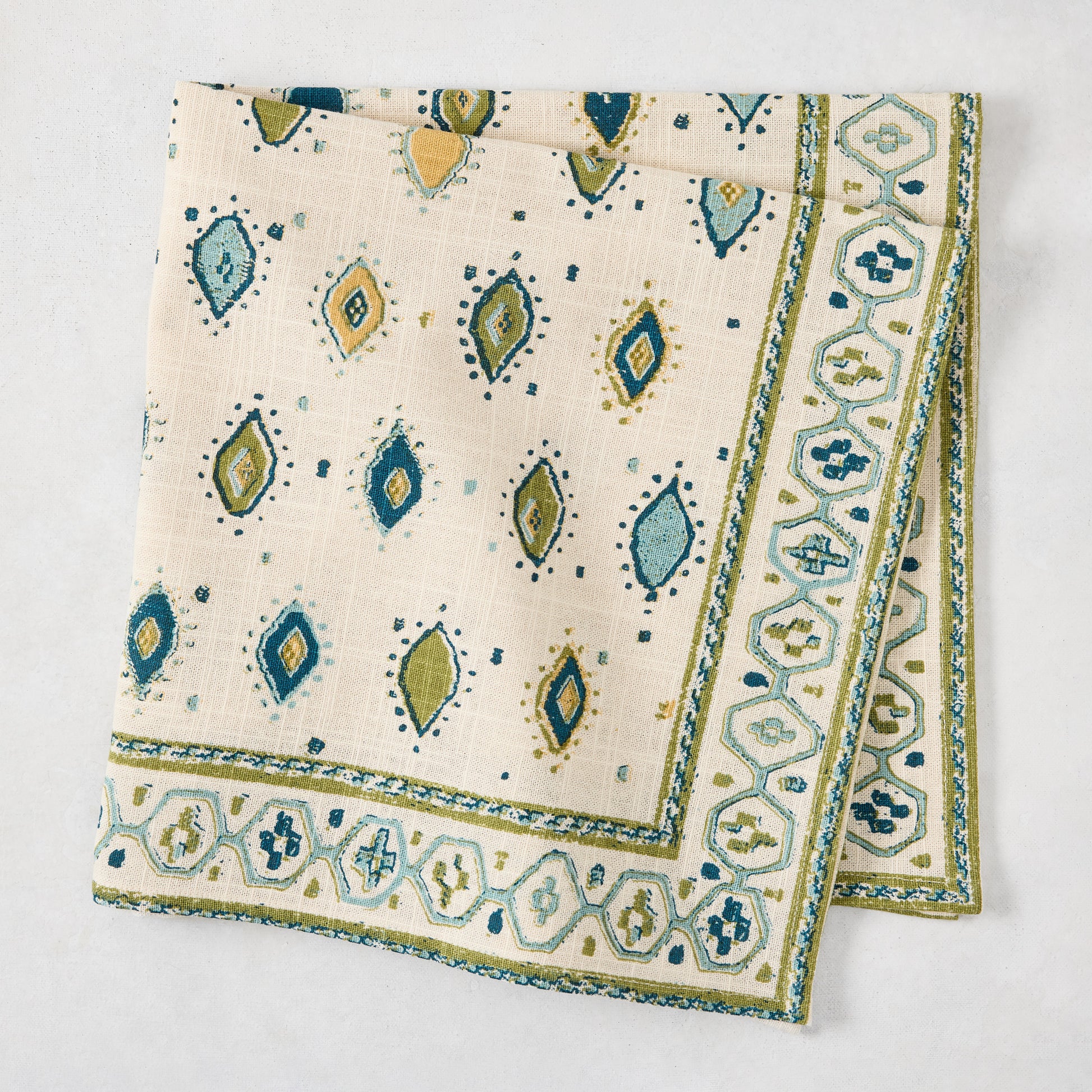 Peter Dunham + Hudson Grace Green Oona Printed Napkin, tribal motif, tonal green, ivory cotton slub.