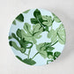 Peter Dunham + Hudson Grace hand-painted green fig leaf blue ceramic salad plate.