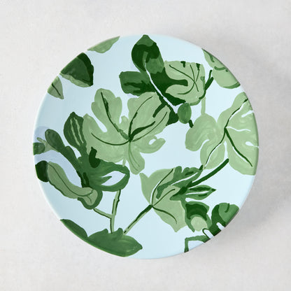 Peter Dunham + Hudson Grace hand-painted green fig leaf blue ceramic salad plate.