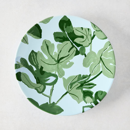 Peter Dunham + Hudson Grace hand-painted green fig leaf blue ceramic salad plate.