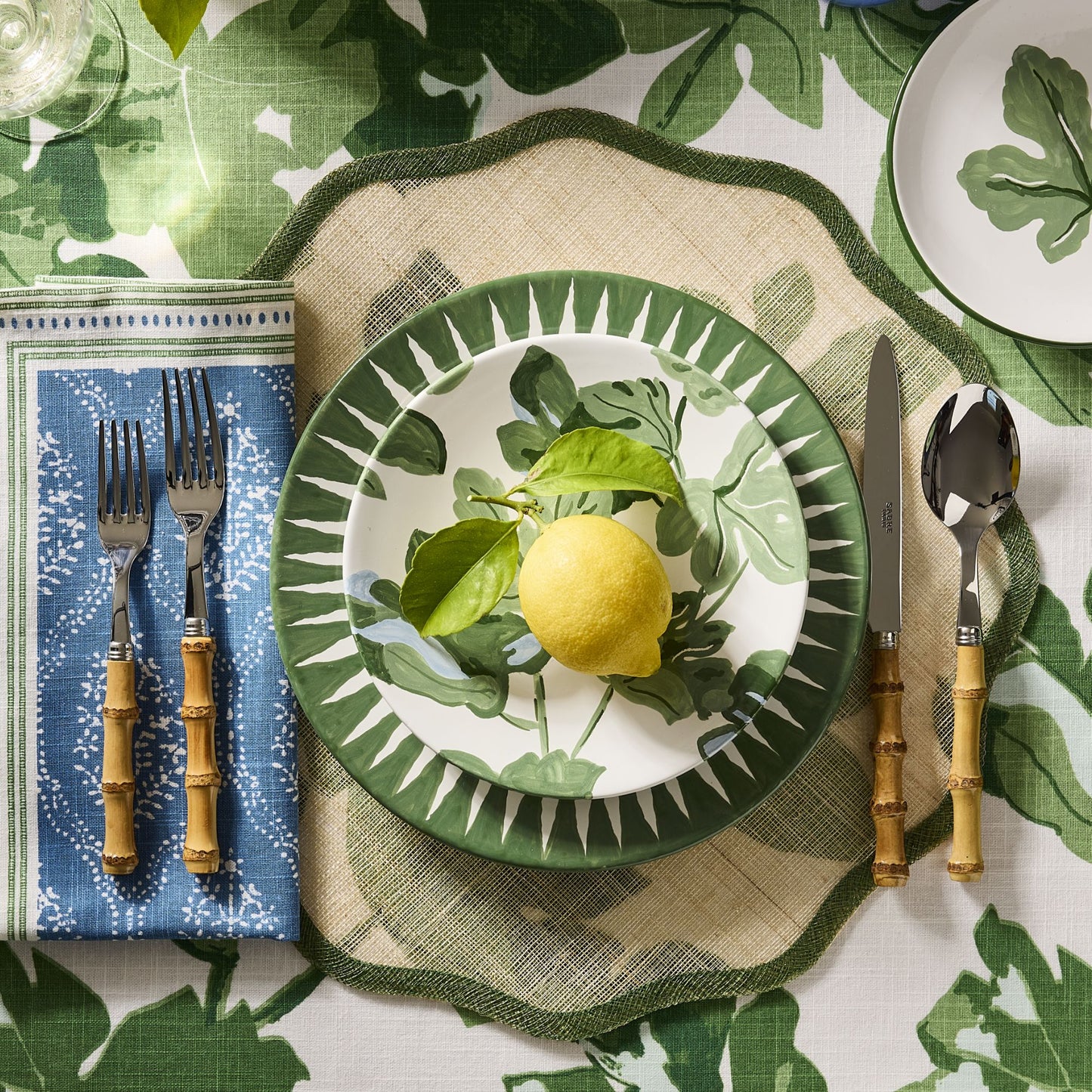 Peter Dunham + Hudson Grace Hand-Painted Green Fig Leaf Dinner Plate
