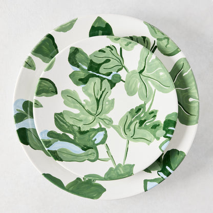 Peter Dunham + Hudson Grace hand-painted green fig leaf ceramic dinner and salad plates.