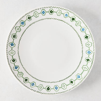 Peter Dunham + Hudson Grace Hand-Painted Green Oona Border Dinner Plate, white ceramic with tribal motif.