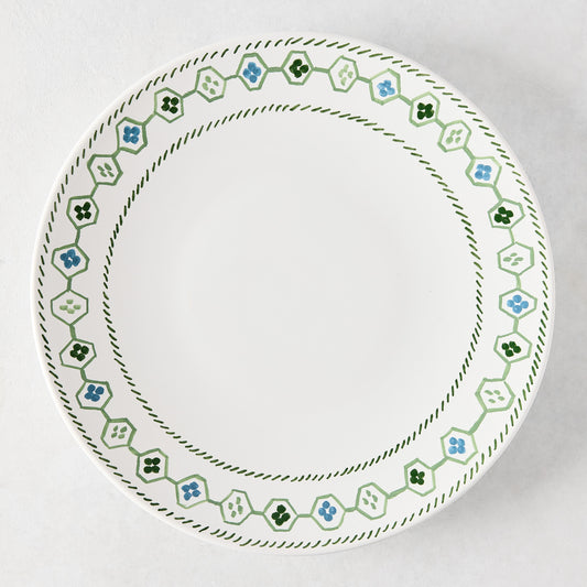 Peter Dunham + Hudson Grace Hand-Painted Green Oona Border Dinner Plate, white ceramic with tribal motif.