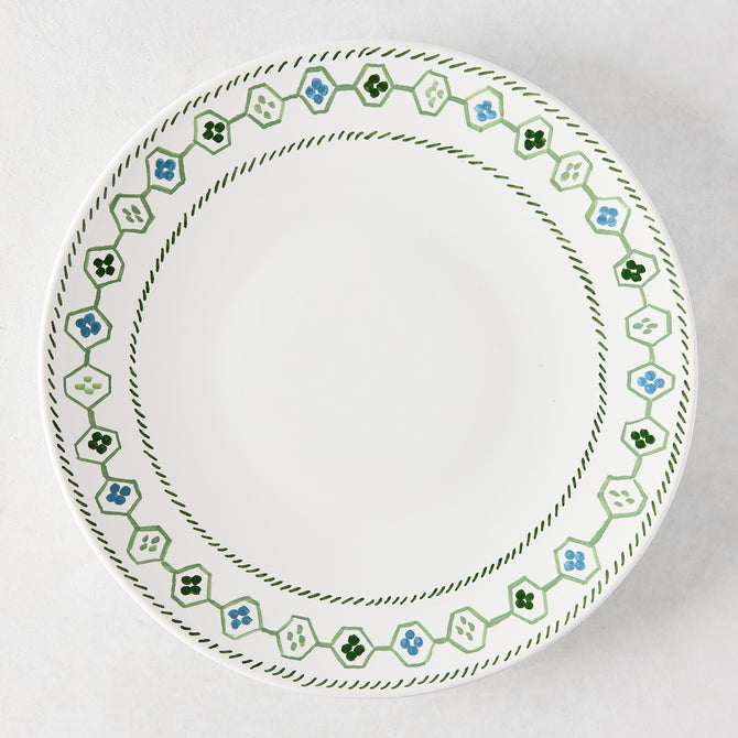 Peter Dunham + Hudson Grace Hand-Painted Green Oona Border Dinner Plate, white ceramic with tribal motif.