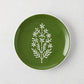 Peter Dunham + Hudson Grace hand-painted Jaali olive green appetizer plate with white floral pattern.