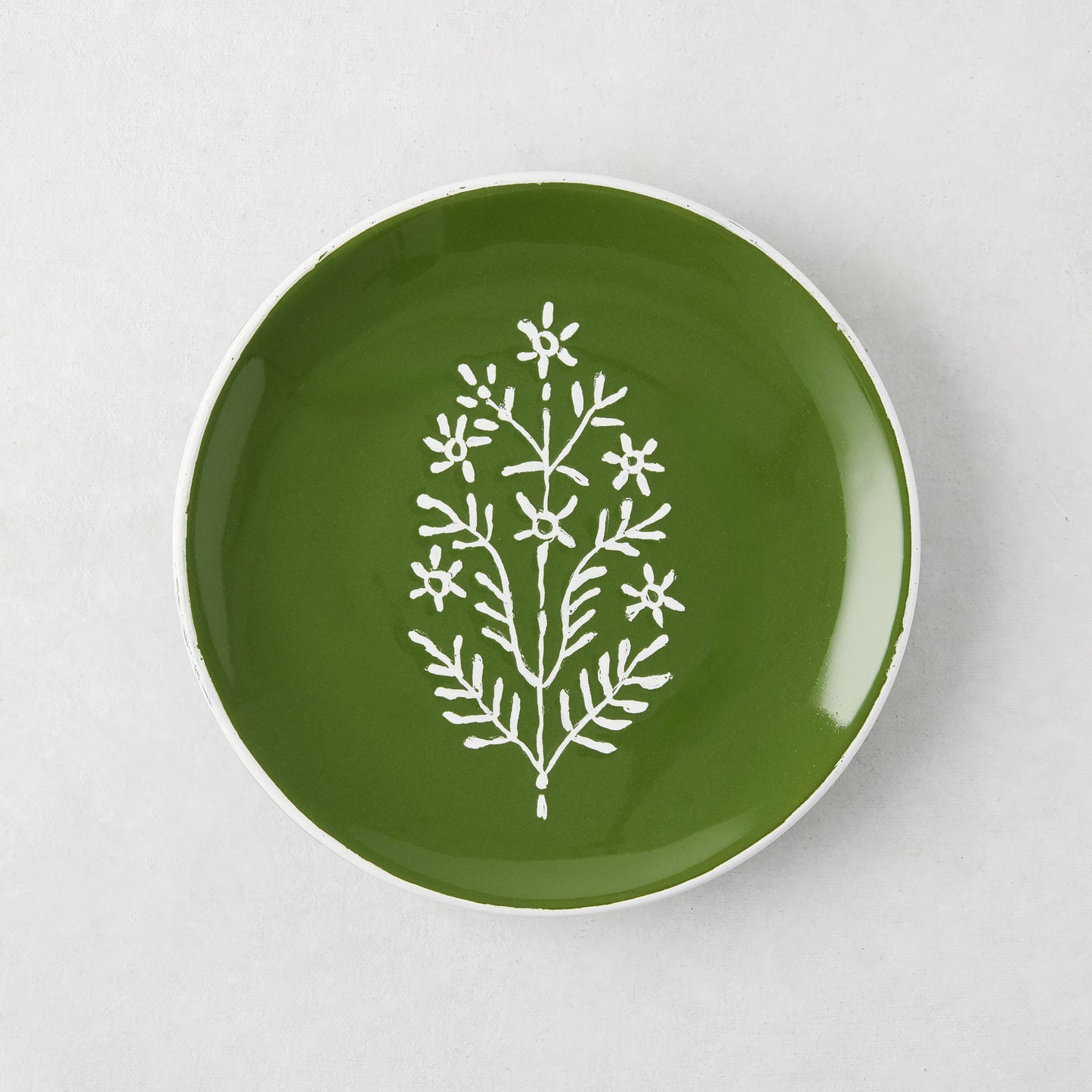 Peter Dunham + Hudson Grace hand-painted Jaali olive green appetizer plate with white floral pattern.