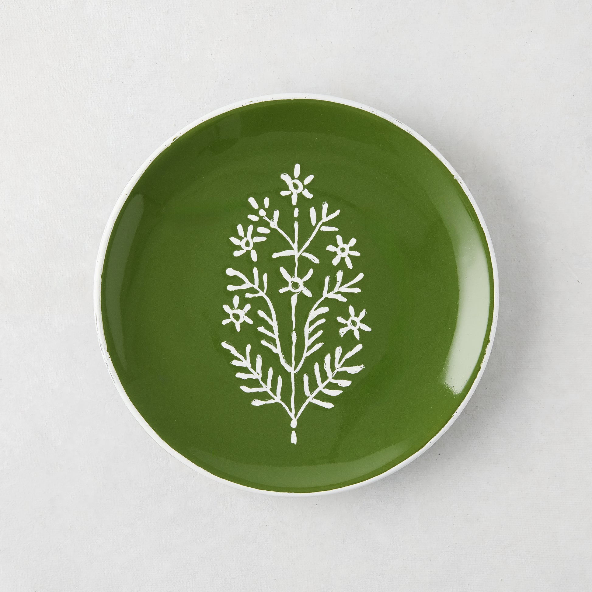 Peter Dunham + Hudson Grace hand-painted Jaali olive green appetizer plate with white floral pattern.