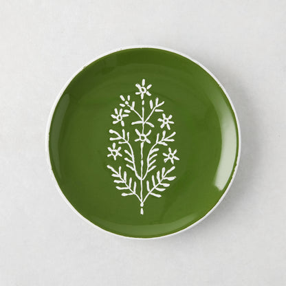 Peter Dunham + Hudson Grace hand-painted Jaali olive green appetizer plate with white floral pattern.