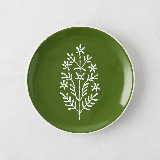 Peter Dunham + Hudson Grace hand-painted Jaali olive green appetizer plate with white floral pattern.
