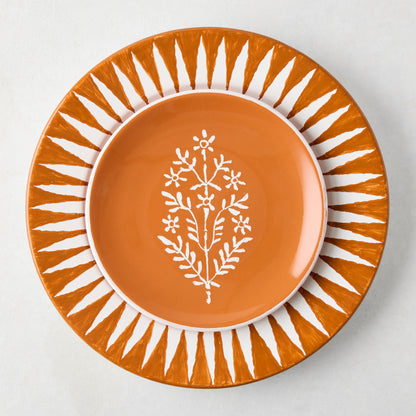 Peter Dunham + Hudson Grace Jaali Spice Orange appetizer plate with white floral pattern.