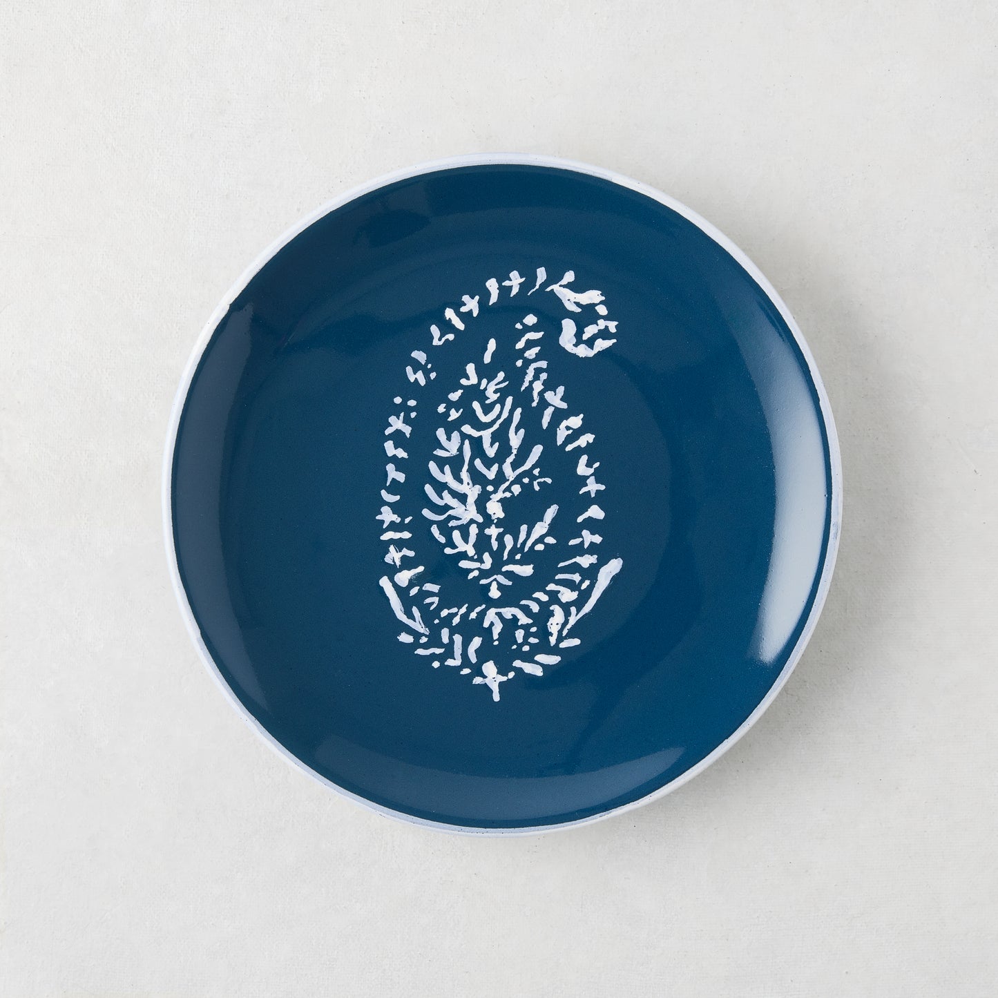 Peter Dunham + Hudson Grace hand-painted indigo blue appetizer plate with white Kashmir paisley.