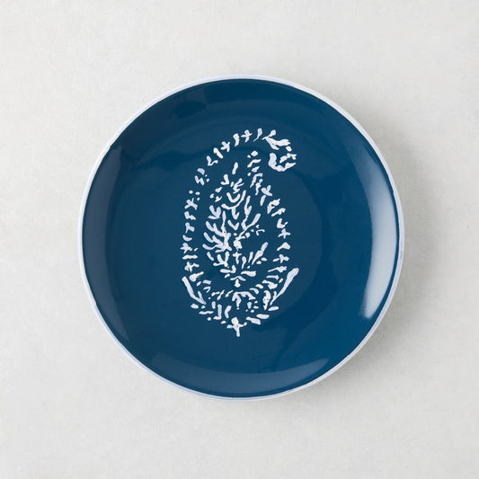 Peter Dunham + Hudson Grace hand-painted indigo blue appetizer plate with white Kashmir paisley.