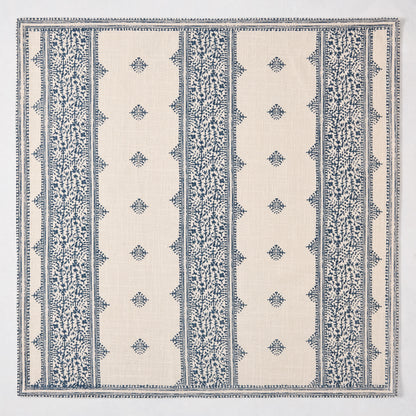 Peter Dunham + Hudson Grace Indigo Blue Fez Stripe printed natural cotton napkin with vintage embroidery pattern.