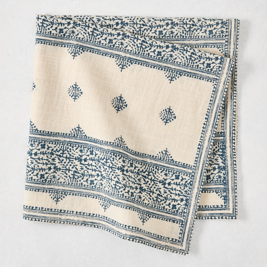 Peter Dunham + Hudson Grace Indigo Blue Fez Stripe printed natural cotton slub napkin, folded.
