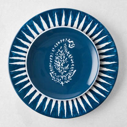 Peter Dunham + Hudson Grace Indigo Blue Hand-Painted Sunburst Dinner Plate with ikat stripe design.