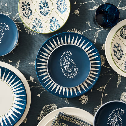 Peter Dunham + Hudson Grace Indigo Blue Hand-Painted Sunburst Dinner Plate with ikat stripe design.