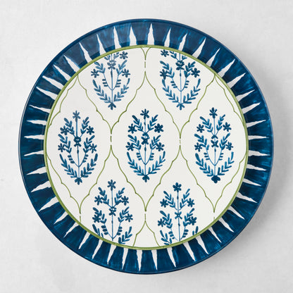 Peter Dunham + Hudson Grace Indigo Blue Hand-Painted Sunburst Dinner Plate with floral ikat pattern.