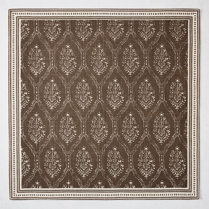 Peter Dunham + Hudson Grace Jaali Chocolate Brown Printed Napkin, 100% cotton slub with floral pattern and border.