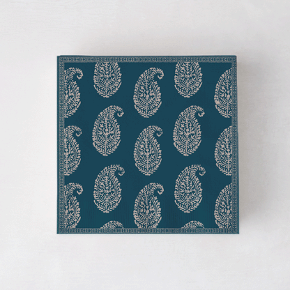 Peter Dunham + Hudson Grace Kashmir cocktail napkins, dark teal with light paisley pattern.