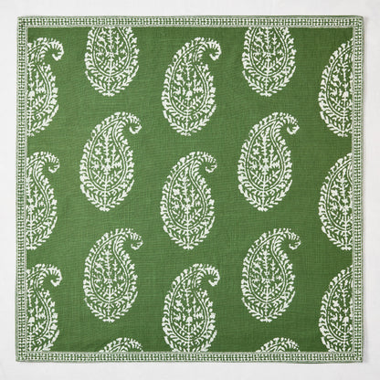 Peter Dunham + Hudson Grace Kashmir Paisley Olive Green Printed Napkin with white motif.