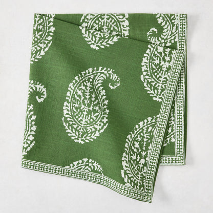 Peter Dunham + Hudson Grace Kashmir Paisley Olive Green Printed Napkin, folded.