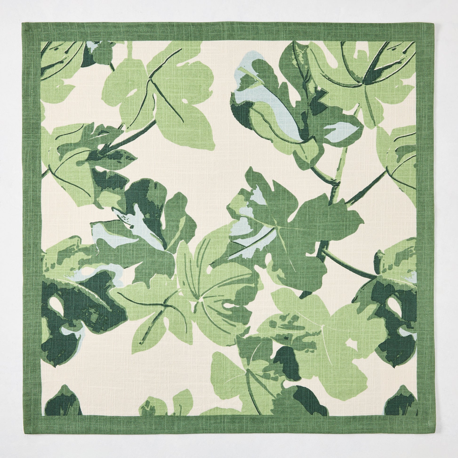 Peter Dunham + Hudson Grace Natural Fig Leaf Printed Napkin, 100% cotton slub, green border.