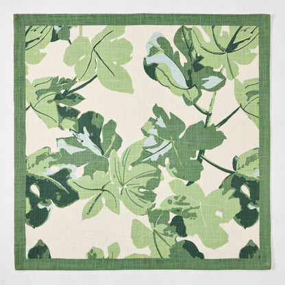 Peter Dunham + Hudson Grace Natural Fig Leaf Printed Napkin, 100% cotton slub, green border.