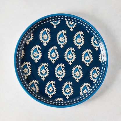 Peter Dunham + Hudson Grace Navy Blue Janpath Melamine Salad Plate with pale blue paisley pattern.
