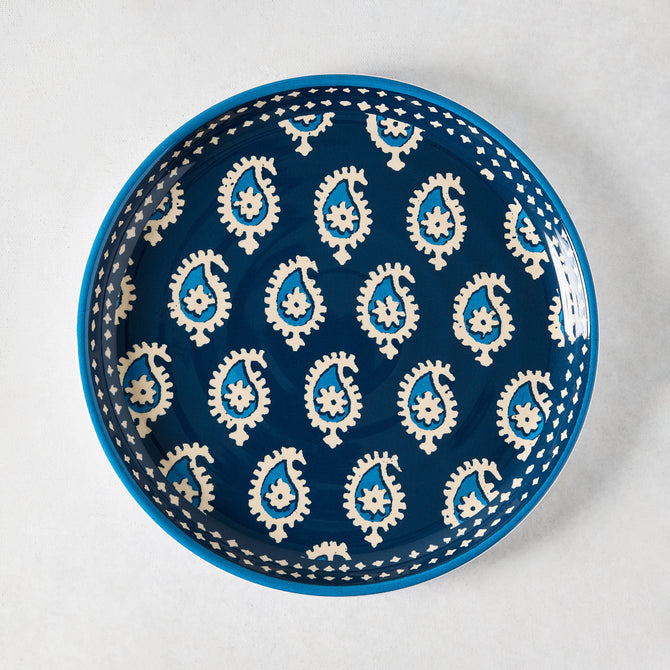 Peter Dunham + Hudson Grace Navy Blue Janpath Melamine Salad Plate with pale blue paisley pattern.
