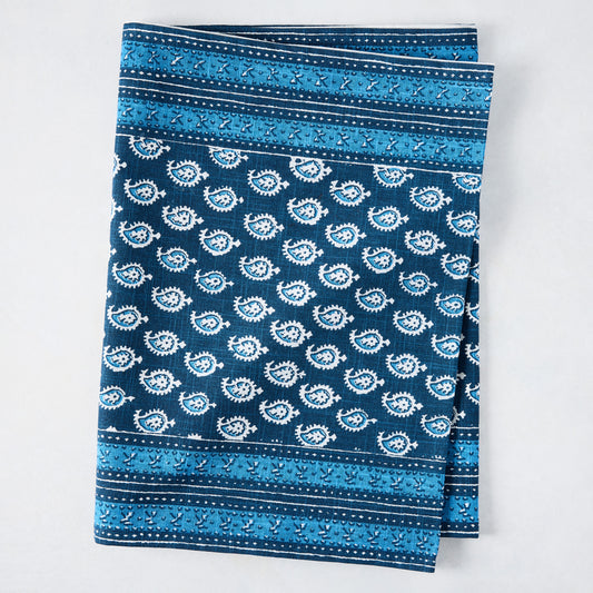 Navy blue Janpath printed cotton slub table runner with white paisley and graphic border.