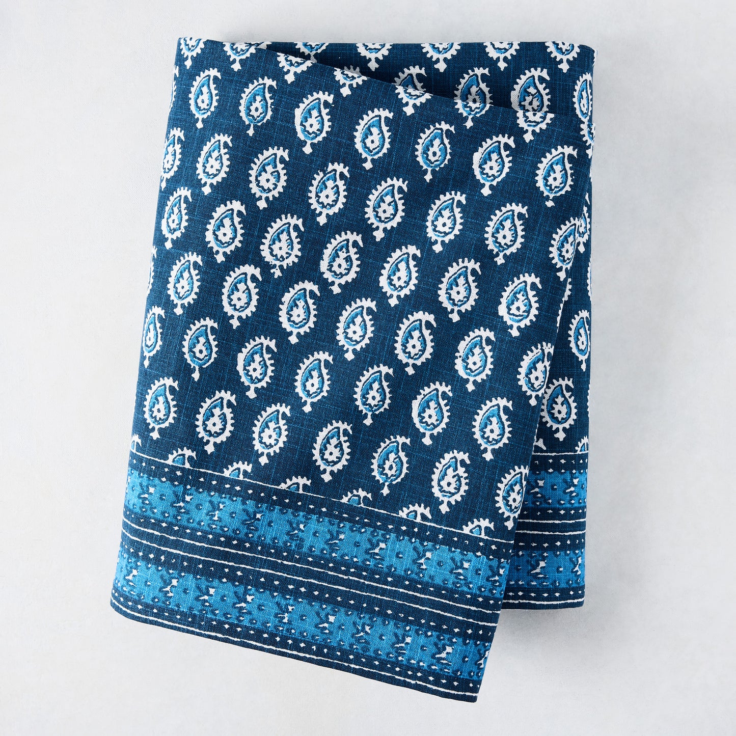 Peter Dunham + Hudson Grace Navy Blue Janpath Printed Tablecloth, 100% cotton slub, with paisley and border.