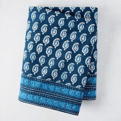 Peter Dunham + Hudson Grace Navy Blue Janpath Printed Tablecloth, 100% cotton slub, with paisley and border.