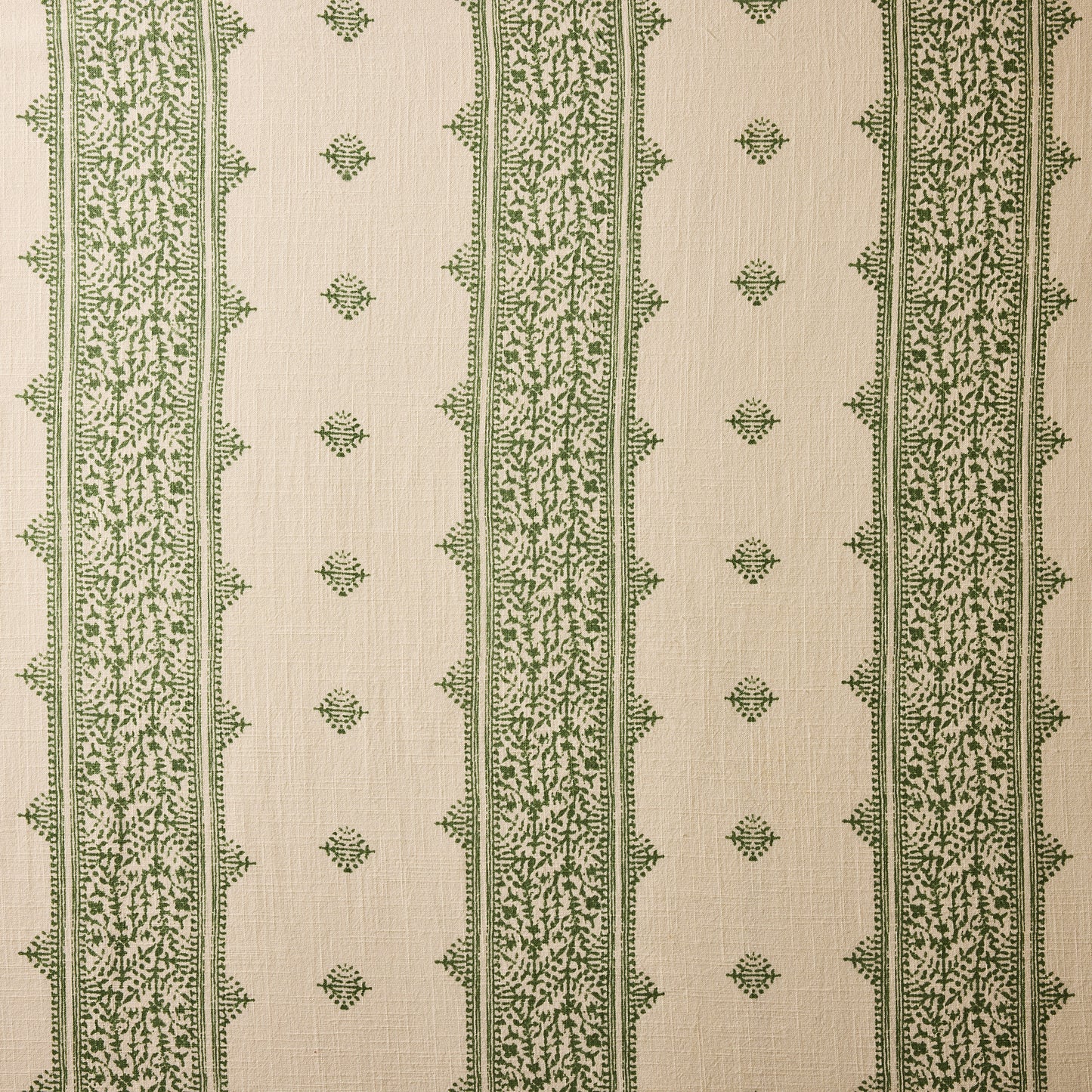 Peter Dunham + Hudson Grace Olive Green Fez Stripe Printed Natural Tablecloth, 100% cotton slub, 70"W x 108"L.