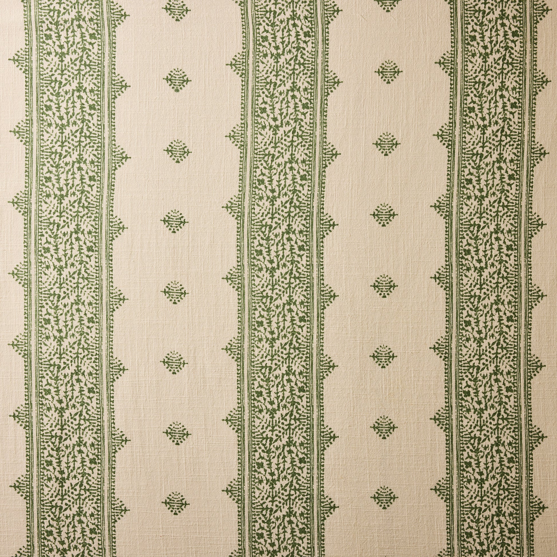 Peter Dunham + Hudson Grace Olive Green Fez Stripe Printed Natural Tablecloth, 100% cotton slub, 70"W x 108"L.