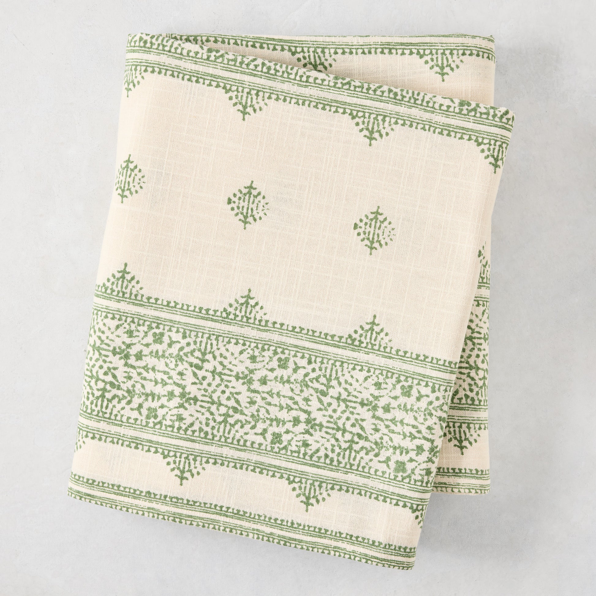 Peter Dunham + Hudson Grace Olive Green Fez Stripe Printed Natural Tablecloth, 100% cotton slub, 70"W x 108"L.